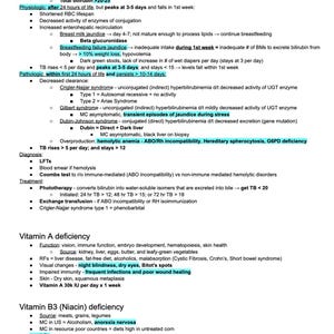 May include: A medical document titled "Neonatal Hyperbilirubinemia & Jaundice" with bullet points detailing causes, symptoms, and treatments. Includes information on Vitamin A and B3 deficiencies. The text is in black and blue.