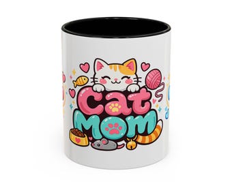 Taza de Mamá Gata Kawaii / Ilustración de Gato Gordito, Colorida (325 ml o 450 ml)
