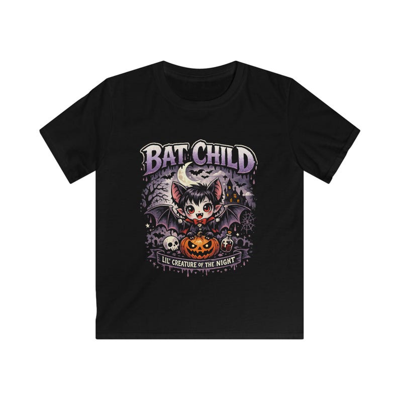 Kinderen vleermuis vampier T-shirt, gotisch griezelig Halloween-shirt afbeelding 3