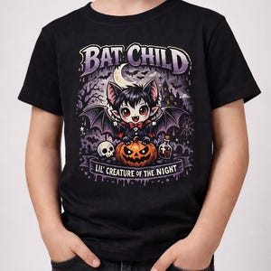 Kinderen vleermuis vampier T-shirt, gotisch griezelig Halloween-shirt afbeelding 1
