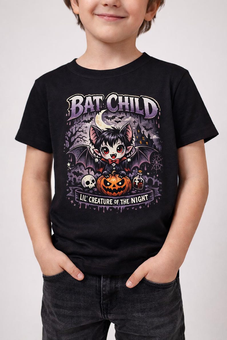 Kinderen vleermuis vampier T-shirt, gotisch griezelig Halloween-shirt afbeelding 1