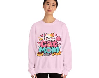 Sudadera Kawaii Cat Mom / Camiseta gráfica acogedora con cuello redondo para amantes de los gatos