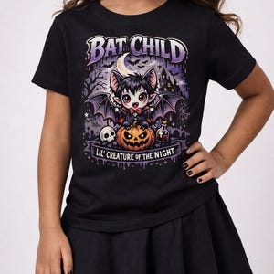Kinderen vleermuis vampier T-shirt, gotisch griezelig Halloween-shirt afbeelding 2