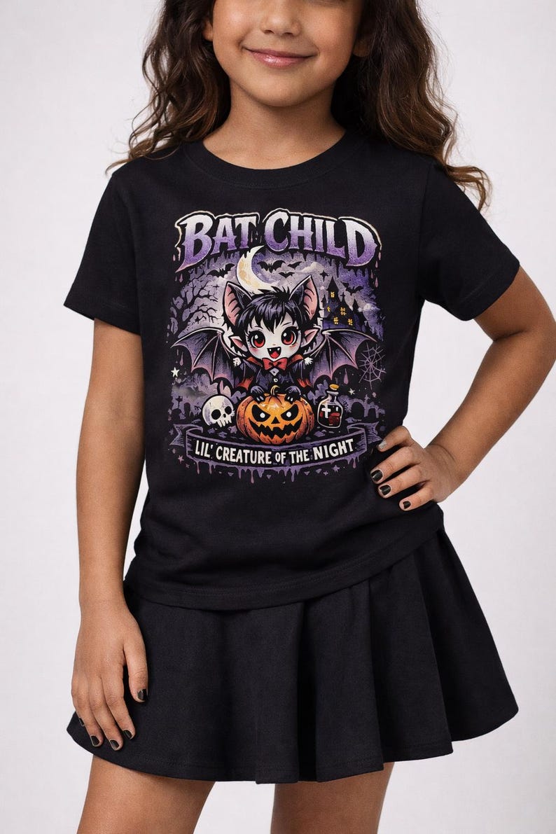 Kinderen vleermuis vampier T-shirt, gotisch griezelig Halloween-shirt afbeelding 2