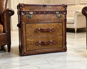 Bespoke English Leather Side Table Trunk with Drawers | Campaign Storage Chest