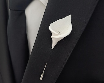 Calla Lily Lapel Pin, Wedding Boutonniere for Groom ans Groomsmen, Mens Brooches