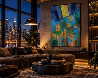 Carte de la ville au néon – Art mural abstrait peint à la main