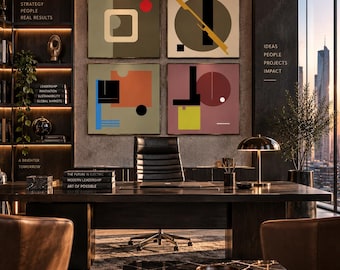 May include: Four square wall art pieces featuring abstract geometric shapes in olive, orange, red, black, blue, and yellow, displayed above a dark wood executive desk with a black leather chair, a metal lamp, and books with visible text titles.