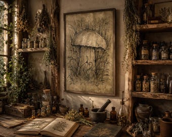 May include: A framed wall art print featuring a detailed black ink sketch of a large mushroom surrounded by tall grass. The artwork is displayed in a room filled with wooden shelves, glass apothecary jars, dried herbs, and an open botanical book.
