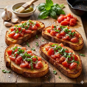Puede incluir: Cuatro rebanadas de pan tostado cubiertas con tomates rojos cortados en cubitos y albahaca verde fresca. El pan está sobre una tabla de cortar de madera, con un pequeño cuenco de aceite de oliva y dientes de ajo en el fondo. Una delicia culinaria.