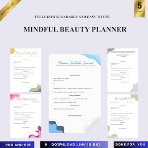 May include: A downloadable Mindful Beauty Planner with multiple pages, including a Business Gratitude Journal and Daily Reflection Journal. The planner is designed to be easy to use and includes prompts for intentional focus and energy awareness. Available in PNG and PDF formats.