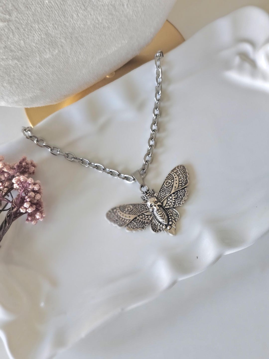 Moth Chain Silver Moth Pendant Necklace, Gothic Insect, Chunky Chain, Witchy ...