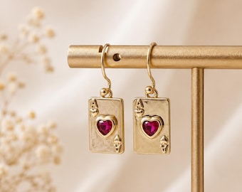 Gold Ace Card Earrings with Red Heart Gem – Dangle Statement Jewellery