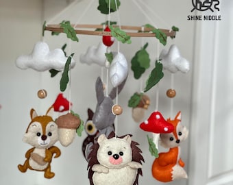 Woodland Felt Baby Mobile, Forest Animals, Music Box Included, Nursery Decor