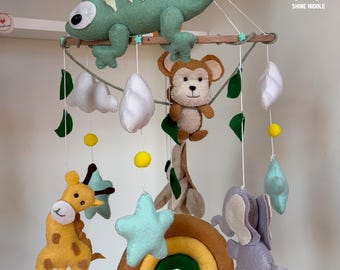 Safari Baby Mobile, Felt Animals, Jungle Nursery Decor, Music Box Crib Mobile