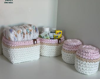 Handmade Crochet Baby Baskets with Wooden Base, Limited Edition Nursery Organizer