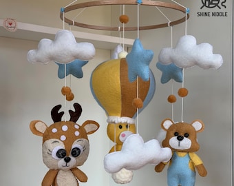 Handmade Felt Woodland Animals Hot Air Balloon Crib Mobile (Music Box Included)