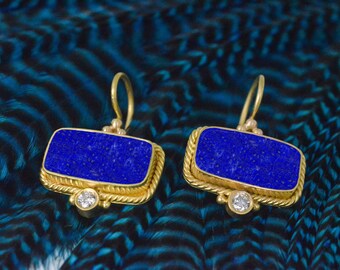 18 Karat handmade yellow gold Lapis Lazuli and Diamond Earrings