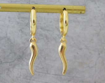 Gold Italian Horn Hoop Earrings,  Cornicello hoop earring, Gold Amulet Earrings, Protection Gift