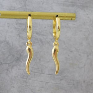 Gold Italian Horn Hoop Earrings,  Cornicello hoop earring, Gold Amulet Earrings, Protection Gift