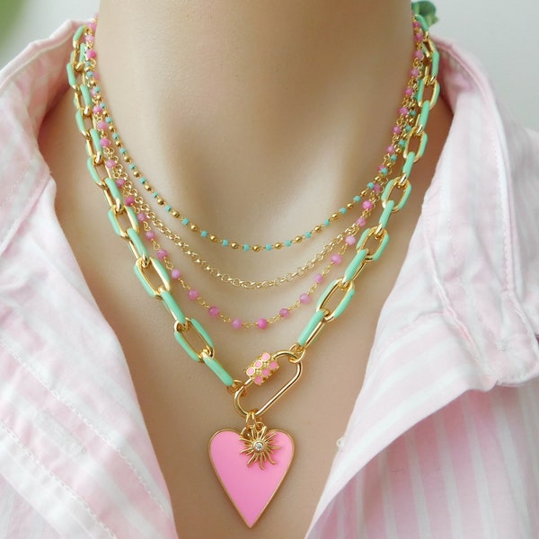 Charm Necklace, Pink Heart Charm Necklace, Pink and Green Necklace, Gold Carabiner Clasp, Layering Necklace, Statement Charm Necklace