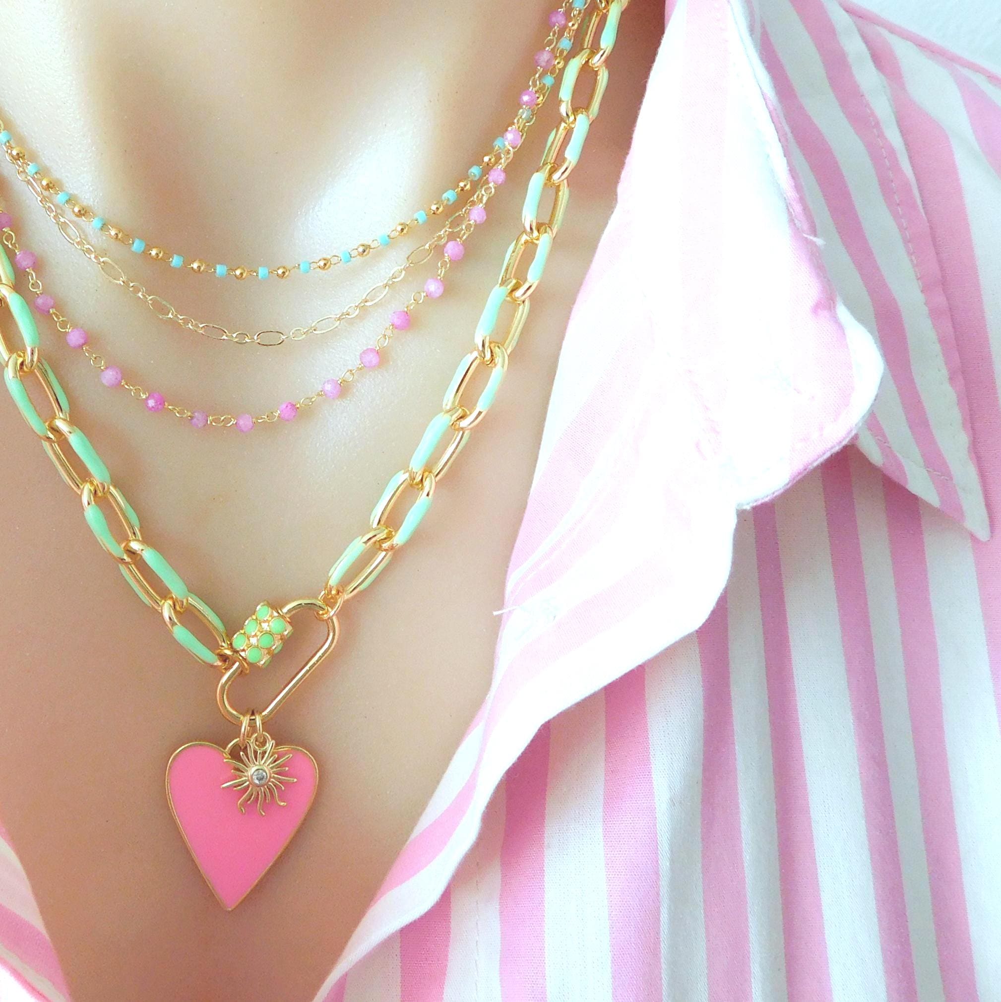 Enamel Heart Charm Necklace in Pink and Green