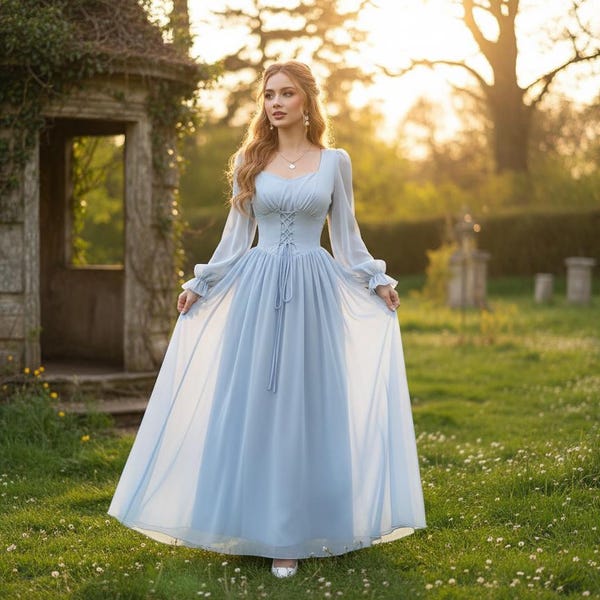 Blue Renaissance Corset Dress, Victorian Fairy Ball Gown, Cottagecore Formal Evening Gown