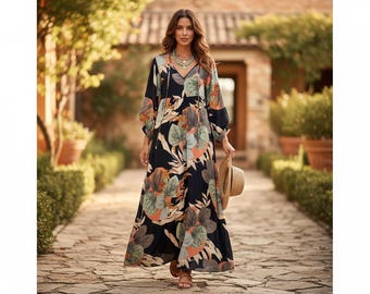 Floral Maxi Dress, Bohemian V-Neck Tunic, Cottagecore Spring Vacation Style