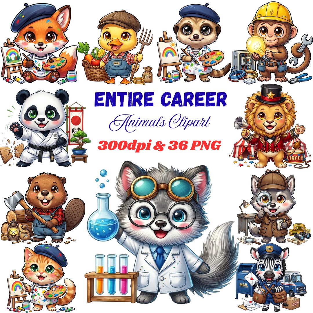 Professions Animals 36 Career Animals Clipart Bundle, Professions PNG, Education Day ...