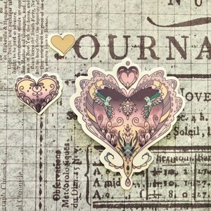 Set of 3 vinyl hummingbird heart stickers~ornate hummingbird sticker in mauve and blush
