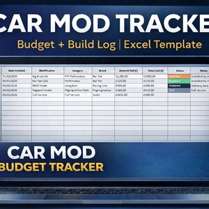 May include: A laptop displays a spreadsheet titled "CAR MOD TRACKER" with "Budget + Build Log | Excel Template" text. The screen shows a car modification budget and build log, with columns for date, modification, category, brand, and cost.