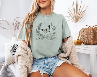 Butterfly Garment Dyed T-Shirt, Cottagecore Moon Botanical Tee, Meadow Flower Clothing, Comfort Colors® Bright Golden Dragonfly Shirt