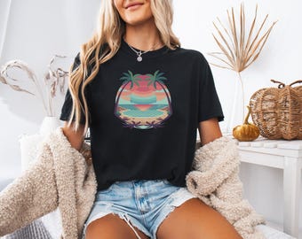 Tropical graphic tee, sunset shirt, palm tree shirt, retro sunset design, Hawaii shirt, beach lover gift, serene ocean vibe, summer style