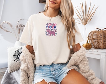 Boho tiger shirt, easy tiger tshirt, retro tiger shirt, vintage tiger shirt, tiger graphic shirt, playful tiger design, colorful graphic tee