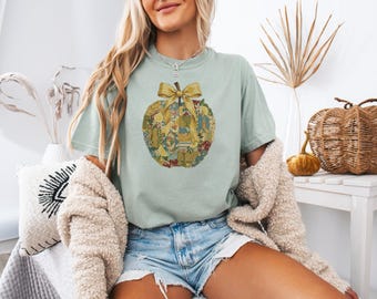 Camiseta con collage de manzanas de estilo vintage, camiseta con estampado de limones, camiseta de verano para mujer, camiseta cítrica de moda, camiseta con estética amarilla