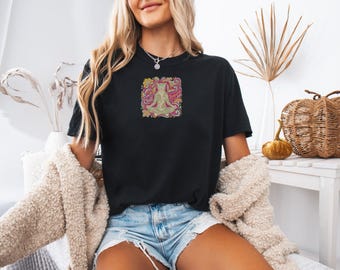 Chill Leopard T-Shirt, Boho Graphic Tee, Vintage Animal Shirt, Retro Leopard Design, Floral Meditation Tee, Mint Green and Coral Print