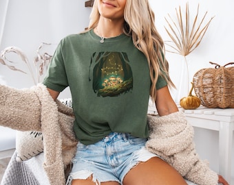 Glowing Mushroom Forest Shirt, Firefly Cottagecore Tee, Graphic T-Shirt, Comfort Colors® Firefly Wildflower T-Shirt, Cottagecore Cotton Tee