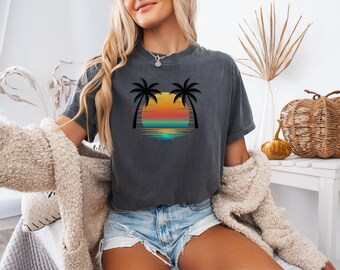 Tropical Sunset Shirt, Retro Beach Tee, Palm Tree Graphic Tee, Hawaii Shirt, Sunset Lovers Gift, Vibrant Ocean Art, Summer Vibes T-Shirt