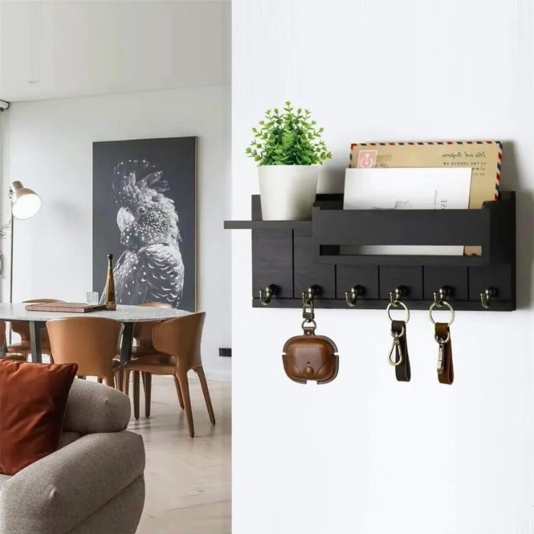 Rustic Wood Key Holder With Shelf Wall Mounted Entryway Organizer With ...
