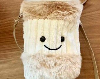 Cute Plush Crossbody Bag for Kids | Smiley Face Fuzzy Purse | Soft Kawaii Mini Bag | Cozy Teddy Faux Fur Shoulder Bag | Gift for Girls 11cm