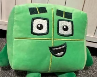Green Square Plush Toy – Soft Velvety Geometric Pillow, Embroidered Face, Kids Room Decor