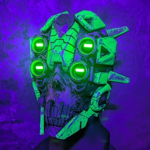 Stellar stalker BLACKLIGHT ver. - Cybernetic space horror demon ultra bright LED glowing eyes techwear dystopian mask