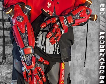 Progenitor Arm Augmentation - Cyberpunk Light Up LED Original Design leuchtende Techwear futuristische dystopische Armschiene mit Handschuh Rüstungshandschuh