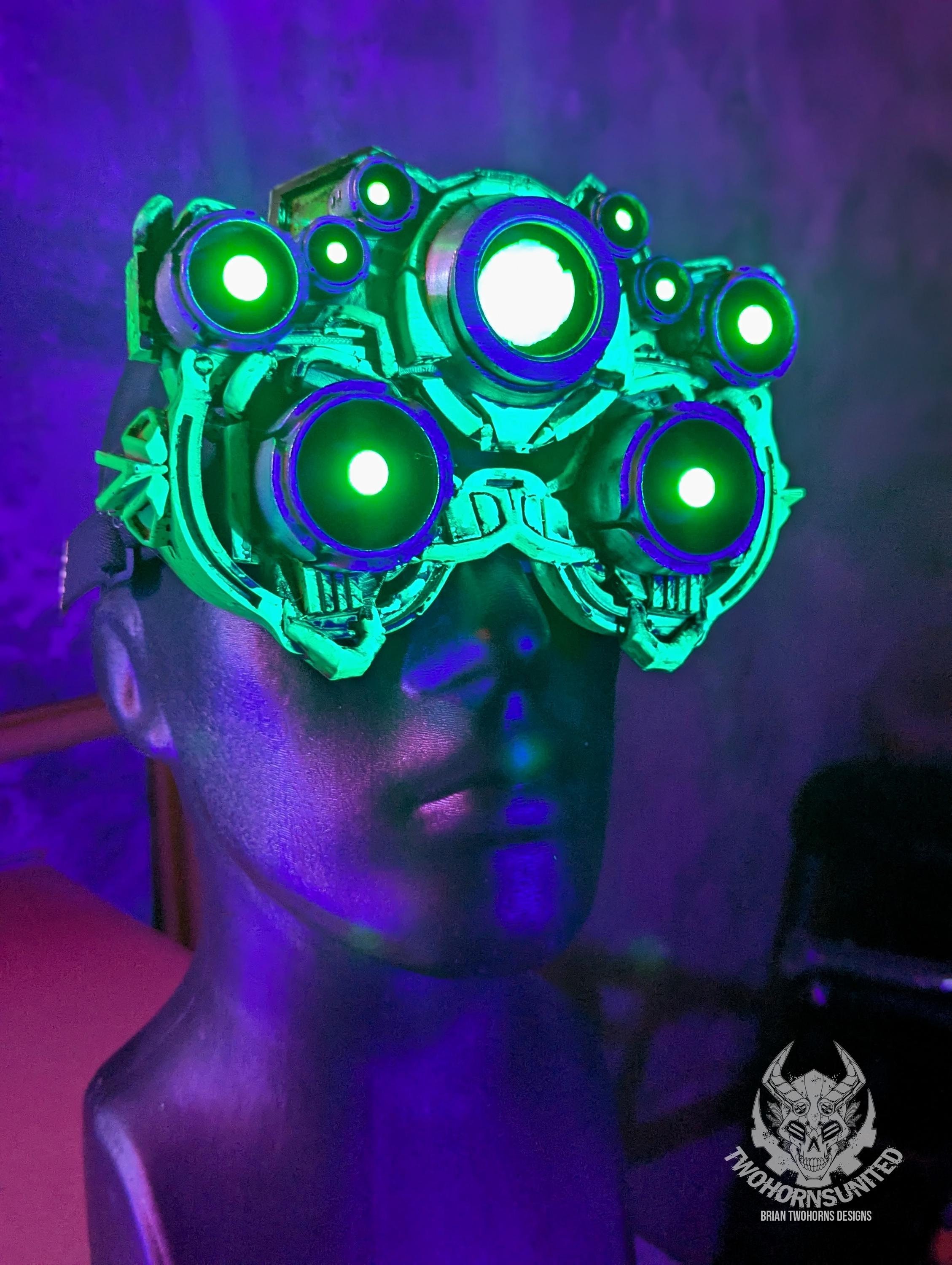 Hivem1nd 2.0 - UV green Cyberpunk multi-eye bright LED original design glowing techwear post-apoc dystopian goggles