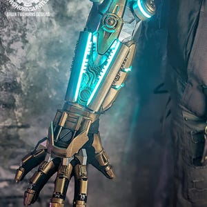 Progenitor v1 arm augmentation - Cyberpunk steampunk light up LED original design glowing post-apoc dystopian Bracer & glove armor gauntlet
