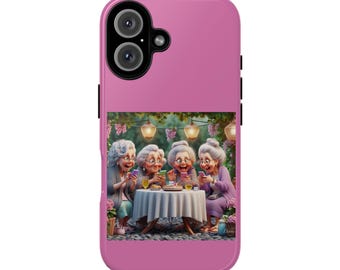 Elderly Tea Party phone case | whimsical grandmothers illustration, pink protective cover