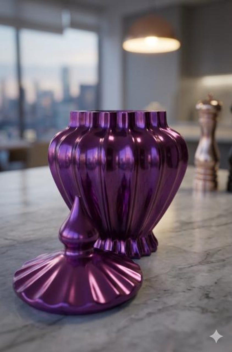 May include: A decorative, glossy purple jar with a matching lid. The jar has a fluted design and a bulbous shape, suitable for storage or display. The lid is off to the side, revealing the interior.
