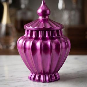 May include: A metallic magenta decorative jar with a lid. The jar has a ribbed design and a pointed finial on the lid. The jar is sitting on a white marble surface.