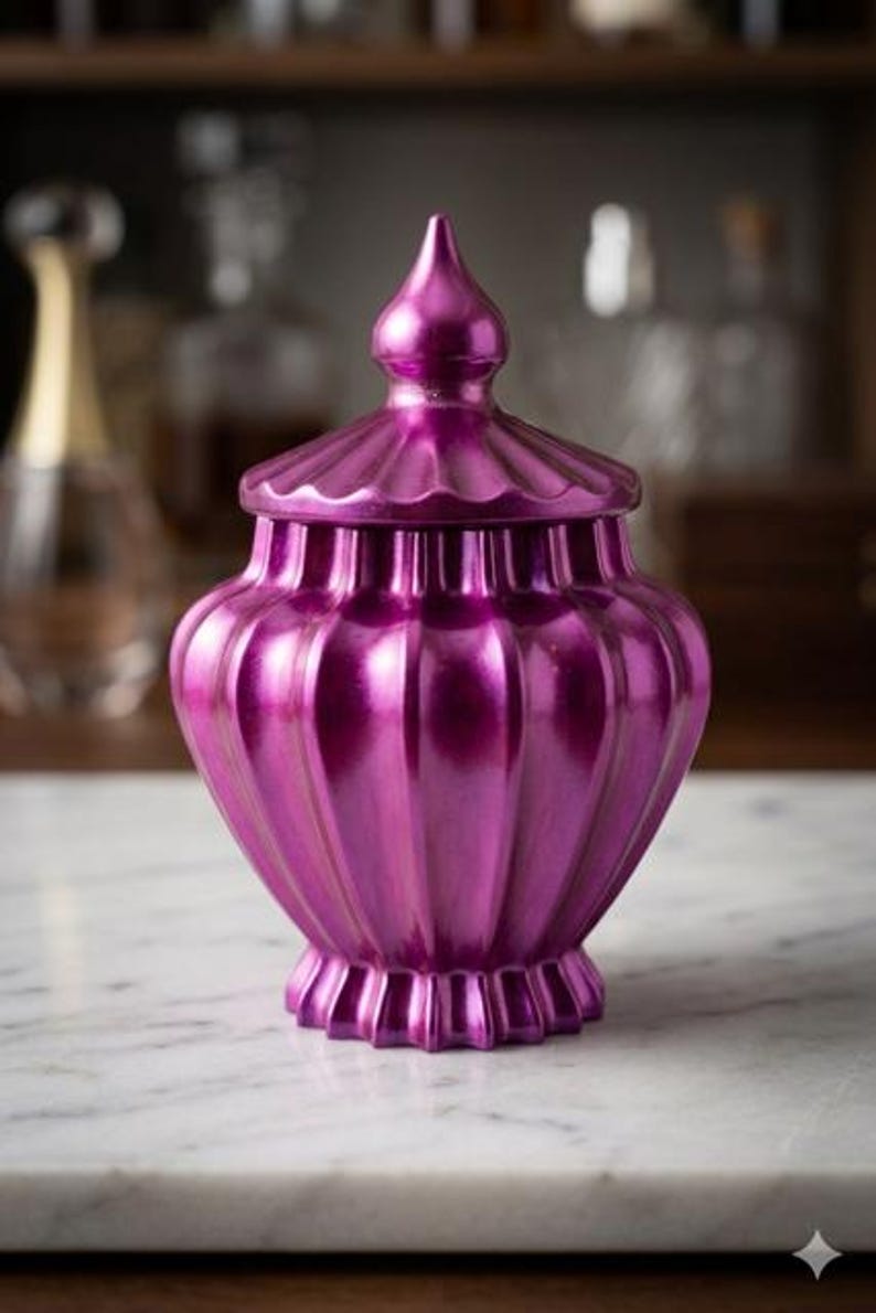 May include: A metallic magenta decorative jar with a lid. The jar has a ribbed design and a pointed finial on the lid. The jar is sitting on a white marble surface.