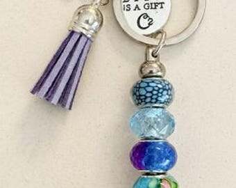 Ocean Beaded Keychain with "Life is a Gift" Charm, Tassel Accent